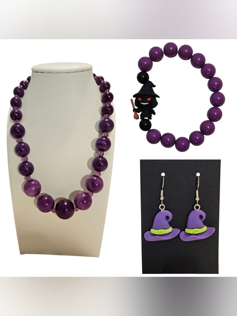 🎃 Halloween Set-Purple Bead Necklace, Witch Charm Bracelet, Witch Hat Earrings - Picture 7 of 7